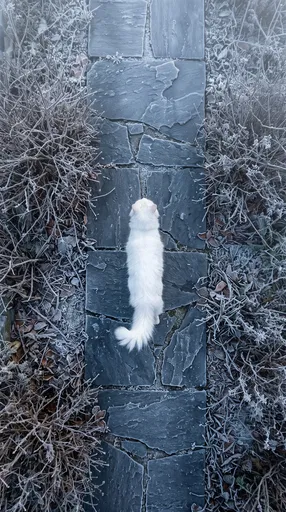 White Cat on Frosted Slate Path