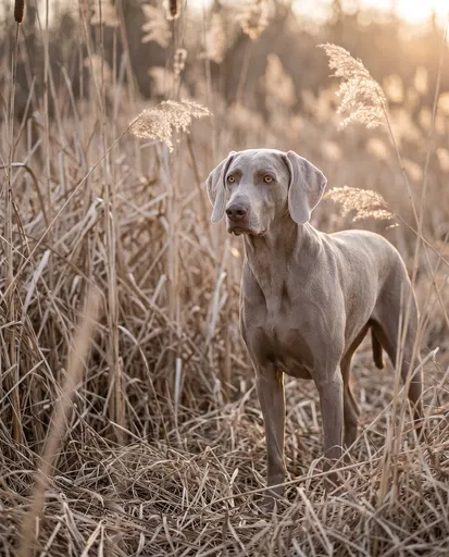 Weimaraner Dog in Golden Hour Reeds