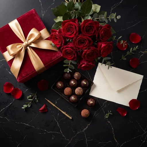 Luxury Red Roses and Gift Flat Lay