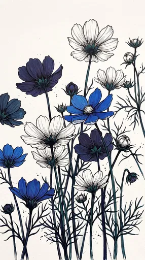 Blue and White Cosmos Botanical Illustration