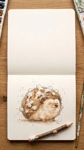 Watercolor Sketch of Hedgehog With Marshmallows