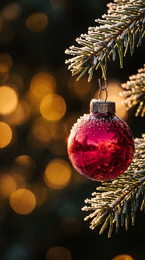 Frosted Red Christmas Bauble on Fir Branch
