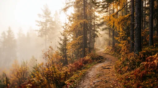 Misty Autumn Forest Trail in Golden Light