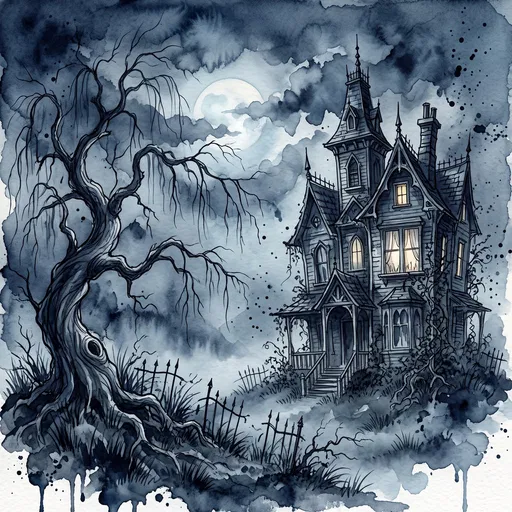 Gothic Watercolor Haunted House and Tree