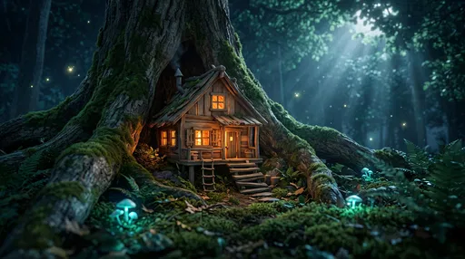 Glowing Miniature House in Hollow Tree