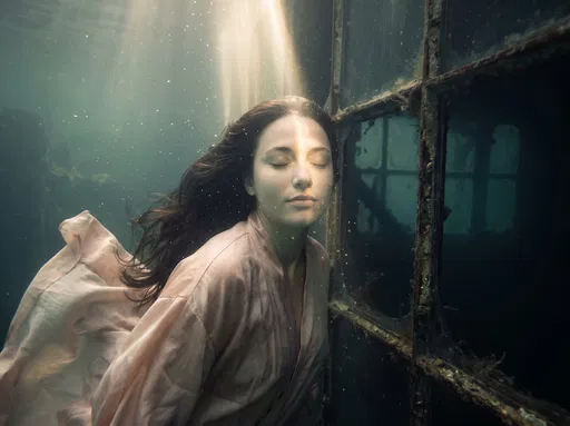 Woman Floating Beside Submerged Window