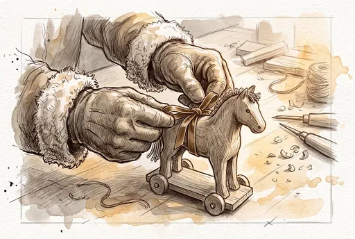 Santa Hands Tying Ribbon on Toy Horse