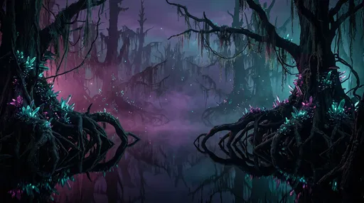 Enchanted Swamp With Glowing Crystals at Twilight