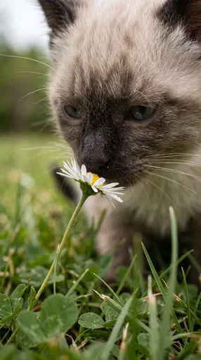 Siamese Kitten Sniffing White Daisy Outdoors