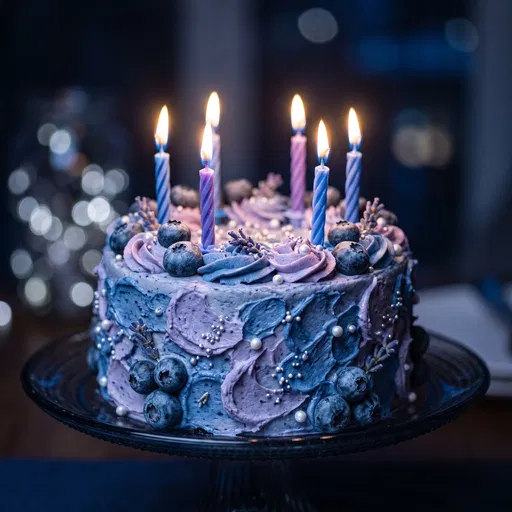 Blueberry Lavender Birthday Cake with Lit Candles