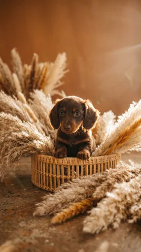Chocolate Dachshund Puppy in Rattan Basket