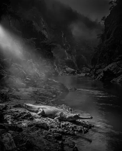 Monochrome Gharial on Misty Riverbank