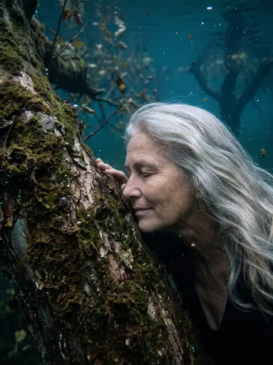 Older Woman Embracing Submerged Mossy Tree
