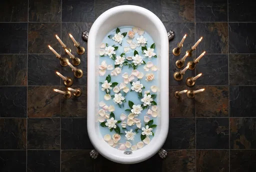 Overhead Clawfoot Bathtub With Flowers and Candles