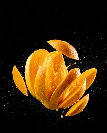 Floating Sliced Mango on Black Background