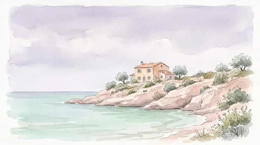 Watercolor Mediterranean Villa on Coastal Cliff