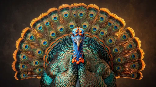 Symmetrical Portrait of Vibrant Ocellated Turkey