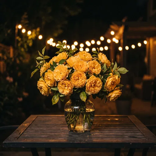 Yellow Garden Roses on Night Patio