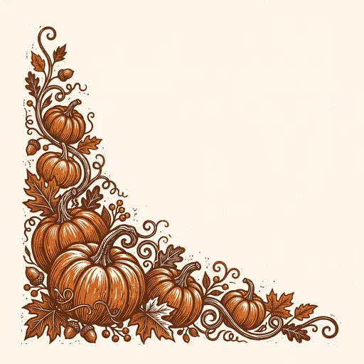 Rustic Woodcut Pumpkin Corner Border Illustration