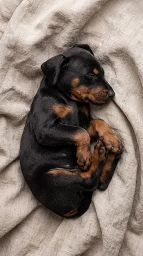 Sleeping Black and Tan Puppy on Linen