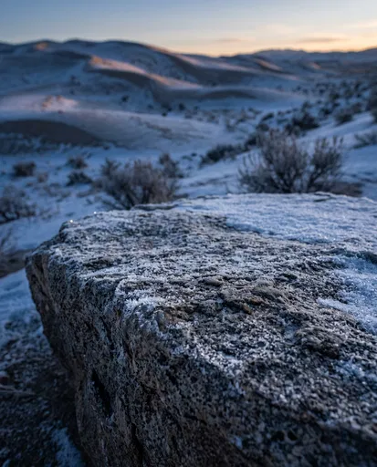 Frosty Desert Boulder at Winter Twilight