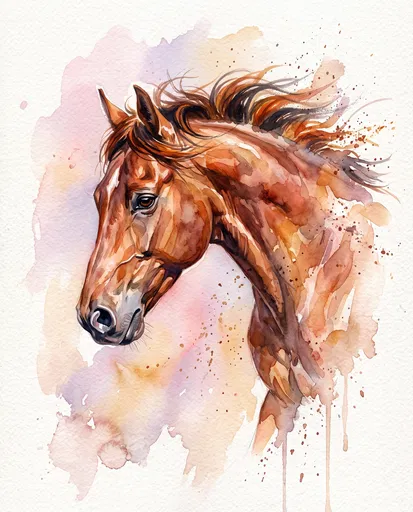 Watercolor Chestnut Horse Portrait Illustration