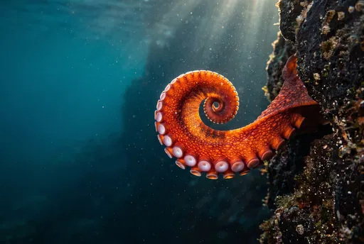 Orange Octopus Tentacle Emerging From Underwater Crevice