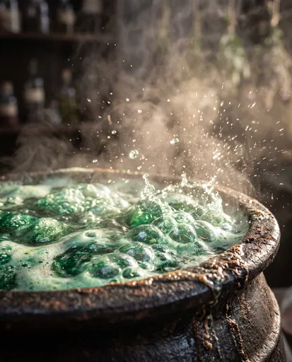 Bubbling Emerald Potion in Iron Cauldron