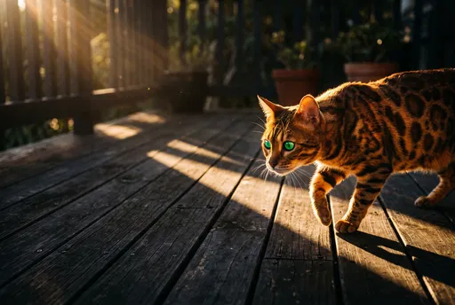 Bengal Cat Prowling on Wooden Deck