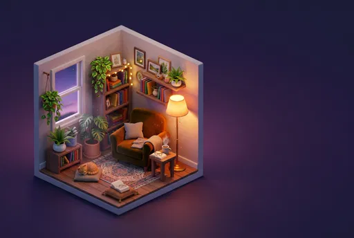 Cozy Isometric Reading Nook 3D Diorama