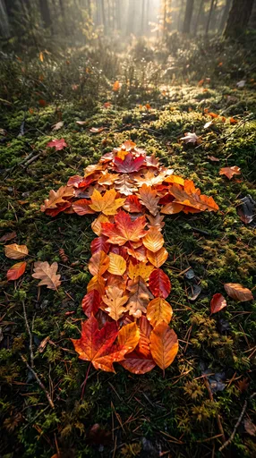 Autumn Leaves Forming Upward Arrow in Forest