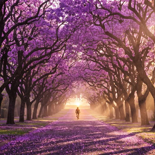 Cyclist Riding Under Blooming Jacaranda Tree Tunnel