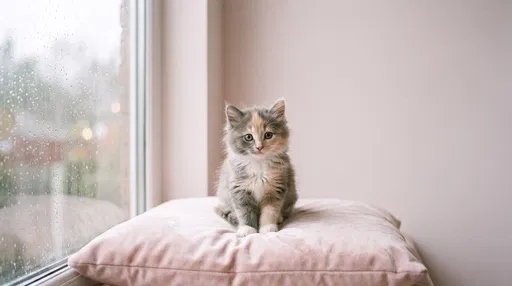 Fluffy Dilute Calico Kitten on Cushion