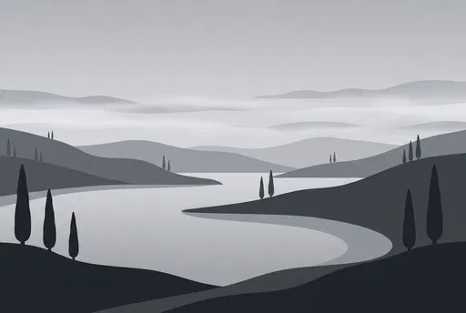 Minimalist Monochrome Lake and Hills Landscape