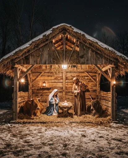Outdoor Christmas Nativity Scene at Night
