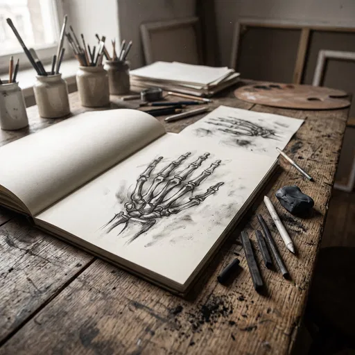 Charcoal Skeleton Hand Sketch in Studio