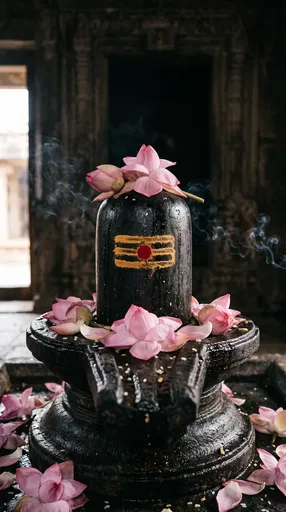 Black Stone Shiva Lingam With Lotus Flowers