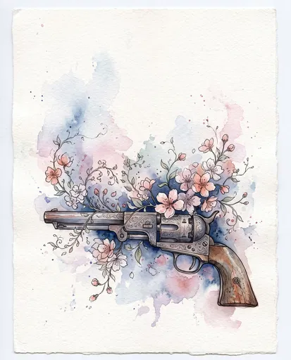 Watercolor Antique Revolver with Cherry Blossoms