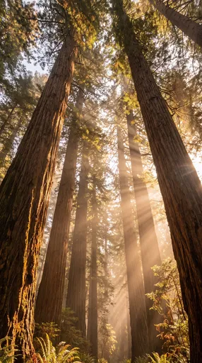 Sunlight Filtering Through Tall Redwood Trees