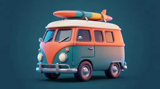 3D Retro Camper Van With Surfboard