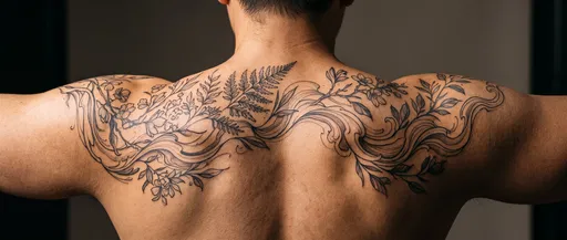Botanical And Wave Upper Back Tattoo