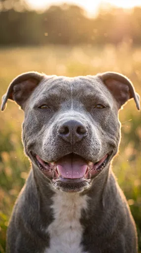 Smiling Gray Pitbull in Sunlit Meadow