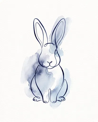 Minimalist Indigo Line Art Bunny with Watercolor