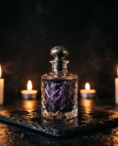 Ornate Purple Potion Bottle by Candlelight