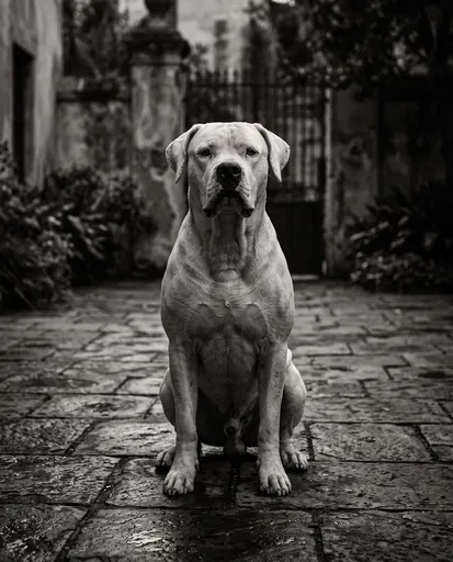 Monochrome Portrait of Sitting Dogo Argentino