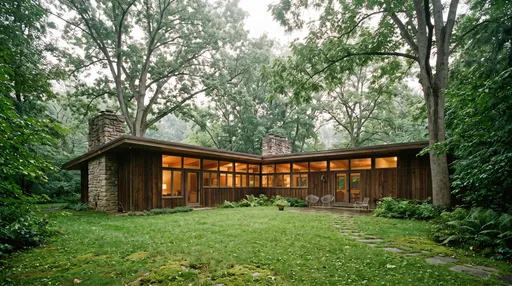 Mid-Century Wood and Stone Woodland House