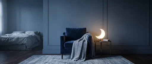 Navy Velvet Armchair With Crescent Moon Lamp