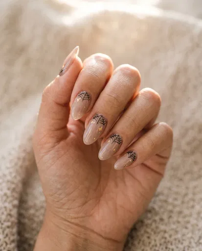 Minimalist Halloween Spiderweb Manicure on Almond Nails