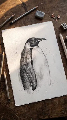 Graphite Penguin Sketch on Wooden Desk