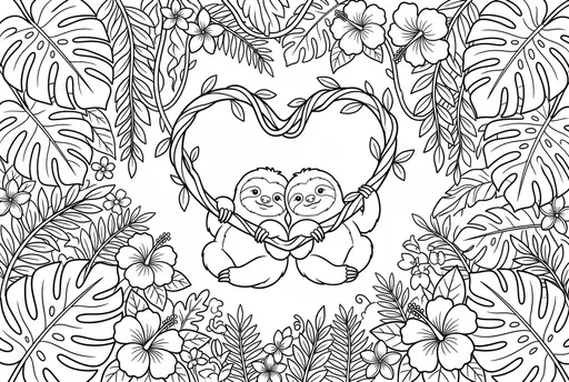 Cute Sloths Heart Vine Coloring Page